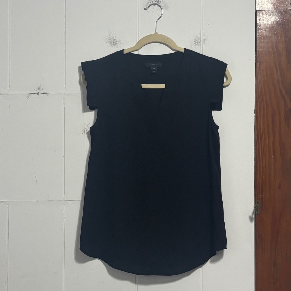 J.Crew Black Cap‎ Sleeve Split V-Neck Blouse Petite 4P Solid Workwear Top